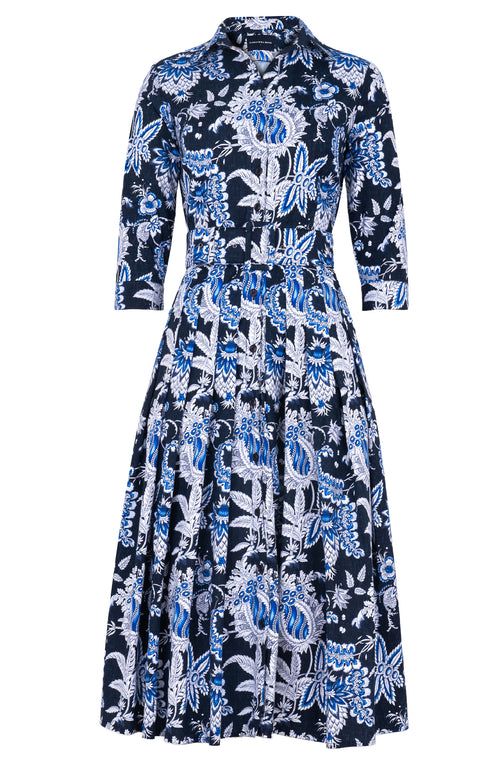 Audrey Dress #2 Shirt Collar 3/4 Sleeve Midi Length Cotton Stretch (Botanic Antique Pastel)