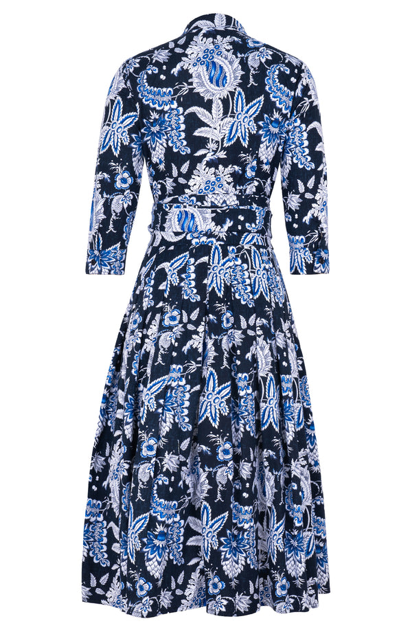 Audrey Dress #2 Shirt Collar 3/4 Sleeve Midi Length Cotton Stretch (Botanic Antique Pastel)