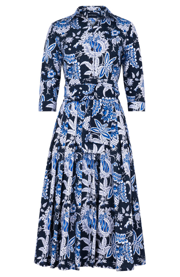 Audrey Dress #2 Shirt Collar 3/4 Sleeve Midi Length Cotton Stretch (Botanic Antique Pastel)