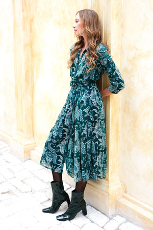 Audrey Dress #4 Shirt Collar 3/4 Sleeve Midi Length Wool (Botanic Antique Dark) - Jade