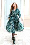 Audrey Dress #4 Shirt Collar 3/4 Sleeve Midi Length Wool (Botanic Antique Dark) - Jade