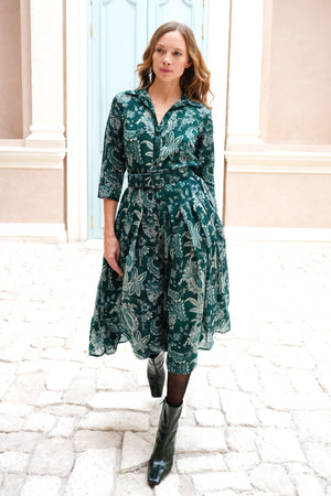 Audrey Dress #4 Shirt Collar 3/4 Sleeve Midi Length Wool (Botanic Antique Dark) - Jade