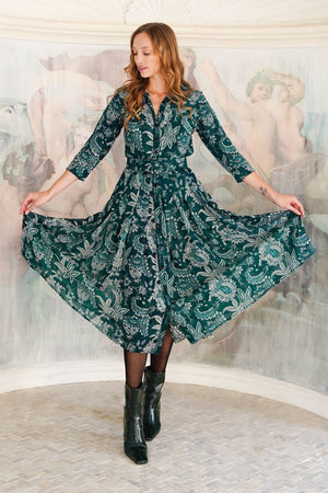 Audrey Dress #4 Shirt Collar 3/4 Sleeve Midi Length Wool (Botanic Antique Dark) - Jade