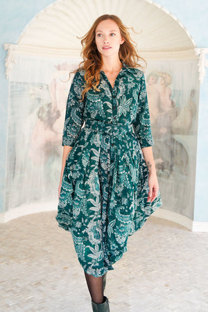 Audrey Dress #4 Shirt Collar 3/4 Sleeve Midi Length Wool (Botanic Antique Dark) - Jade