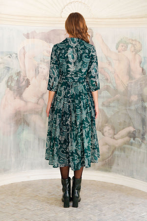 Audrey Dress #4 Shirt Collar 3/4 Sleeve Midi Length Wool (Botanic Antique Dark) - Jade