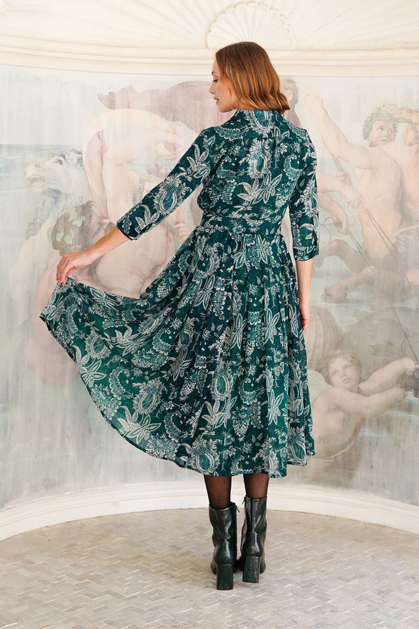 Audrey Dress #4 Shirt Collar 3/4 Sleeve Midi Length Wool (Botanic Antique Dark) - Jade