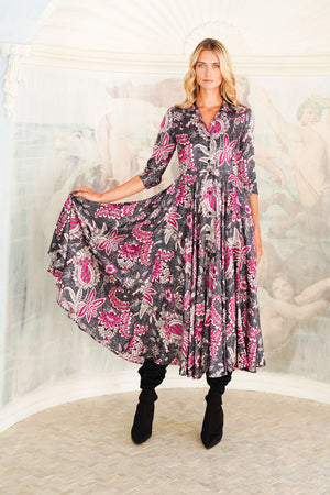 Aster Dress Shirt Collar 3/4 Sleeve Midi Length Poliamide Taffta (Botanic Antique Small Pastel)