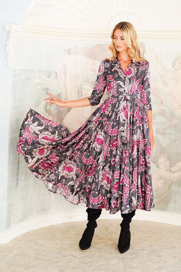 Aster Dress Shirt Collar 3/4 Sleeve Midi Length Poliamide Taffta (Botanic Antique Small Pastel)