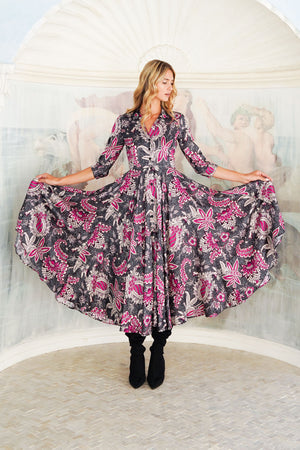 Aster Dress Shirt Collar 3/4 Sleeve Midi Length Poliamide Taffta (Botanic Antique Small Pastel)