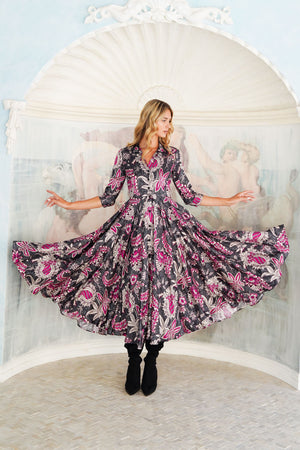 Aster Dress Shirt Collar 3/4 Sleeve Midi Length Poliamide Taffta (Botanic Antique Small Pastel)