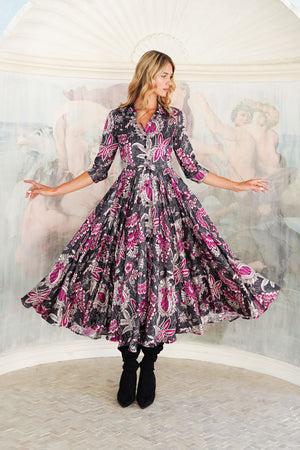 Aster Dress Shirt Collar 3/4 Sleeve Midi Length Poliamide Taffta (Botanic Antique Small Pastel)