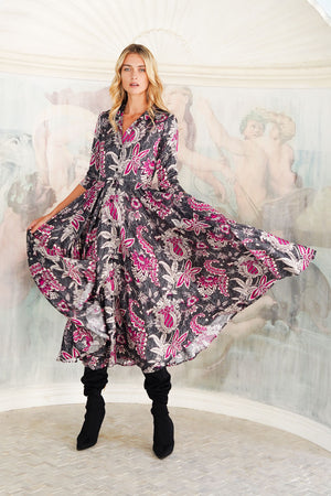 Aster Dress Shirt Collar 3/4 Sleeve Midi Length Poliamide Taffta (Botanic Antique Small Pastel)