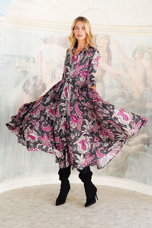 Aster Dress Shirt Collar 3/4 Sleeve Midi Length Poliamide Taffta (Botanic Antique Small Pastel)