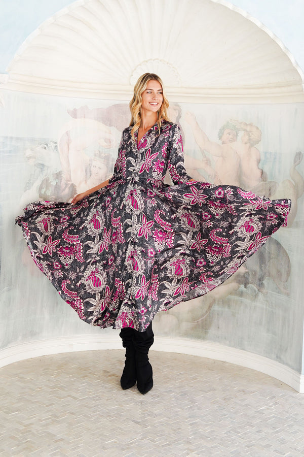 Aster Dress Shirt Collar 3/4 Sleeve Midi Length Poliamide Taffta (Botanic Antique Small Pastel)