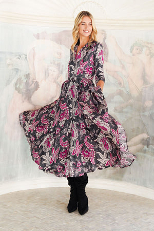 Aster Dress Shirt Collar 3/4 Sleeve Midi Length Poliamide Taffta (Botanic Antique Small Pastel)