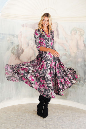 Aster Dress Shirt Collar 3/4 Sleeve Midi Length Poliamide Taffta (Botanic Antique Small Pastel)