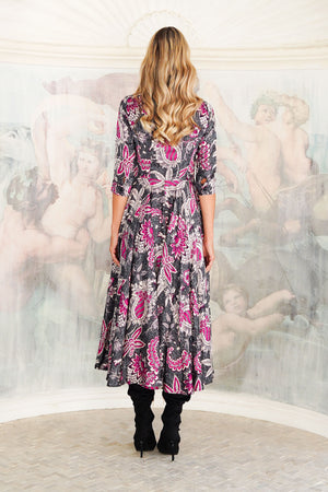 Aster Dress Shirt Collar 3/4 Sleeve Midi Length Poliamide Taffta (Botanic Antique Small Pastel)