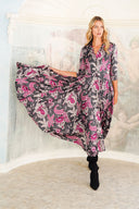 Aster Dress Shirt Collar 3/4 Sleeve Midi Length Poliamide Taffta (Botanic Antique Small Pastel)