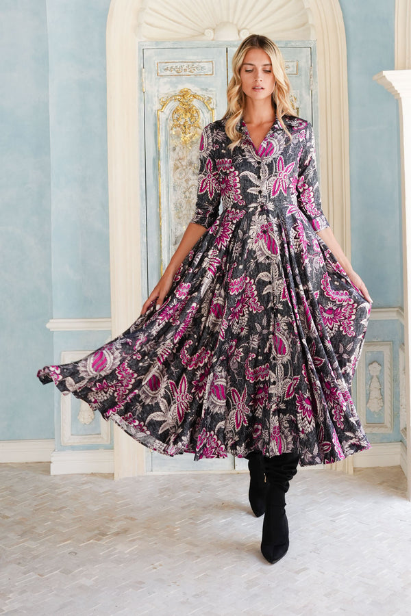 Aster Dress Shirt Collar 3/4 Sleeve Midi Length Poliamide Taffta (Botanic Antique Small Pastel)