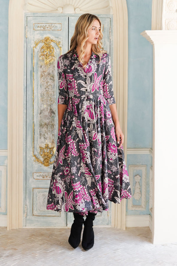 Aster Dress Shirt Collar 3/4 Sleeve Midi Length Poliamide Taffta (Botanic Antique Small Pastel)