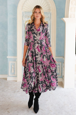 Aster Dress Shirt Collar 3/4 Sleeve Midi Length Poliamide Taffta (Botanic Antique Small Pastel)