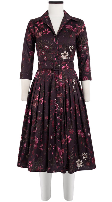Audrey Dress #2 Shirt Collar 3/4 Sleeve Long Length Cotton Stretch (Botanic New Small Dark)
