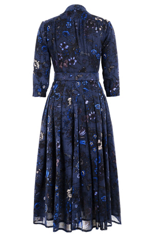 Audrey Dress #4 Shirt Collar 3/4 Sleeve Midi Plus Length Wool (Botanic New Small Dark) - Deep Blue