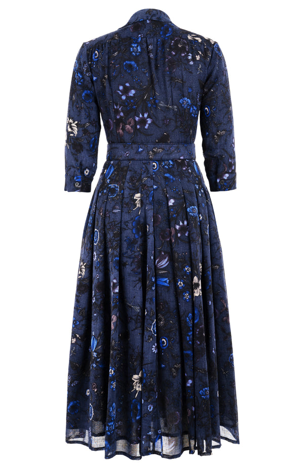 Audrey Dress #4 Shirt Collar 3/4 Sleeve Midi Plus Length Wool (Botanic New Small Dark) - Deep Blue