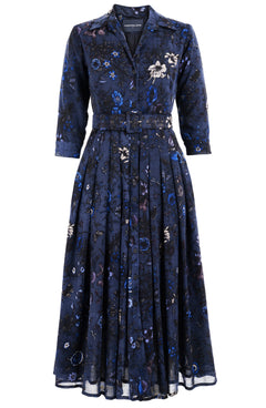 Audrey Dress #4 Shirt Collar 3/4 Sleeve Midi Plus Length Wool (Botanic New Small Dark) - Deep Blue