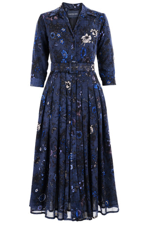 Audrey Dress #4 Shirt Collar 3/4 Sleeve Midi Plus Length Wool (Botanic New Small Dark) - Deep Blue