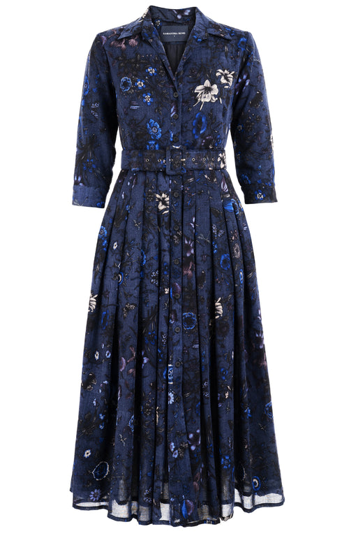 Audrey Dress #4 Shirt Collar 3/4 Sleeve Midi Plus Length Wool (Botanic New Small Dark) - Deep Blue