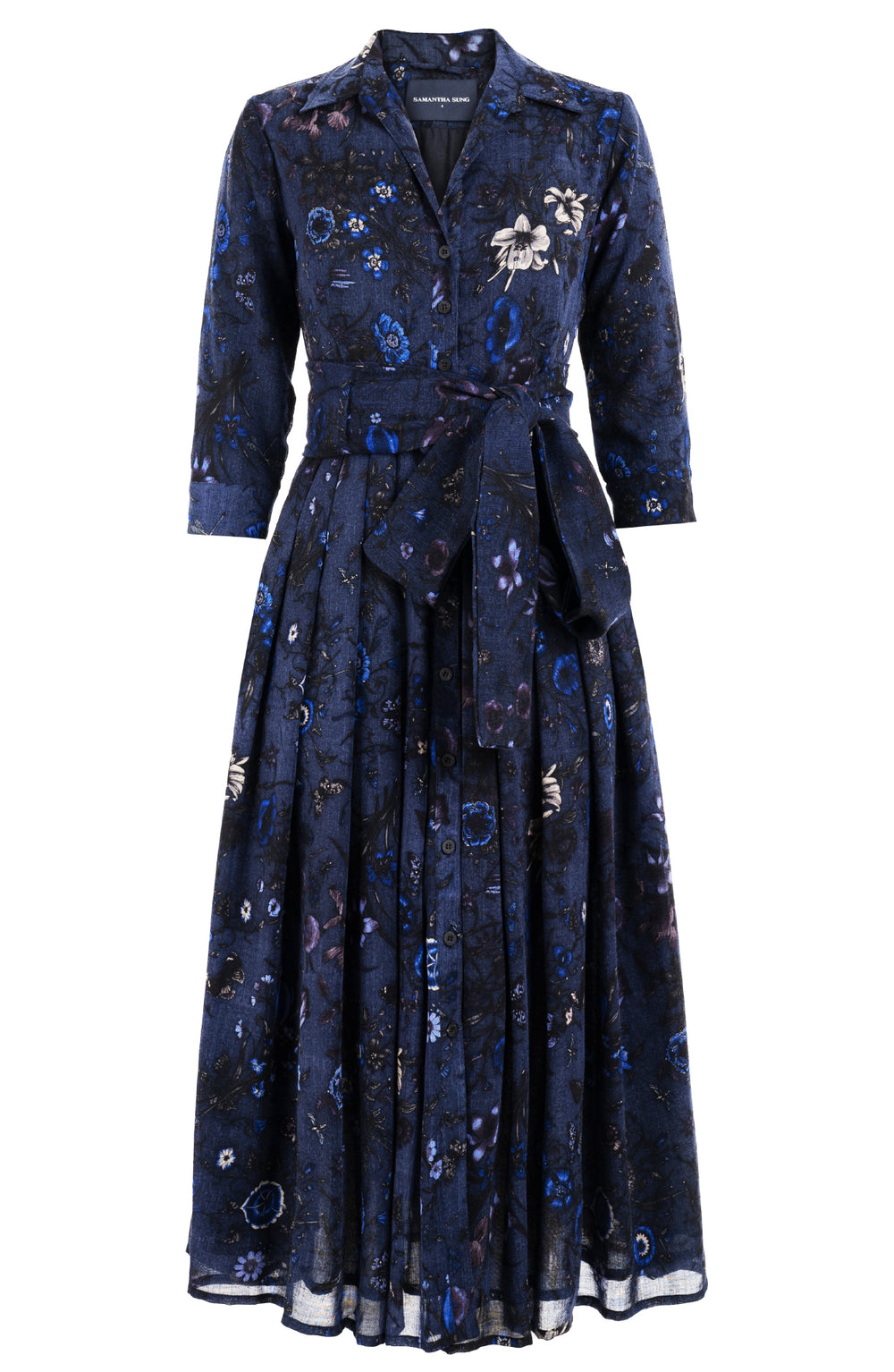 Audrey Dress #4 Shirt Collar 3/4 Sleeve Midi Plus Length Wool (Botanic New Small Dark) - Deep Blue