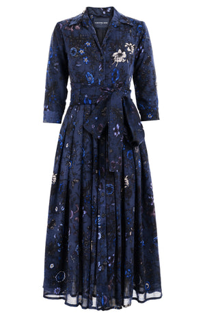 Audrey Dress #4 Shirt Collar 3/4 Sleeve Midi Plus Length Wool (Botanic New Small Dark) - Deep Blue