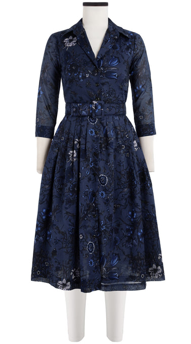 Audrey Dress #6 Shirt Collar 3/4 Sleeve Long Length Cotton Musola (Botanic New Small Dark)