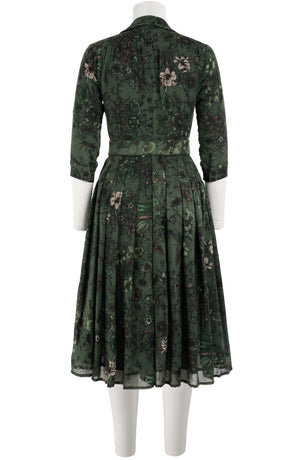 Audrey Dress #4 Shirt Collar 3/4 Sleeve Midi Plus Length Wool (Botanic New Small Dark) - Olive Green