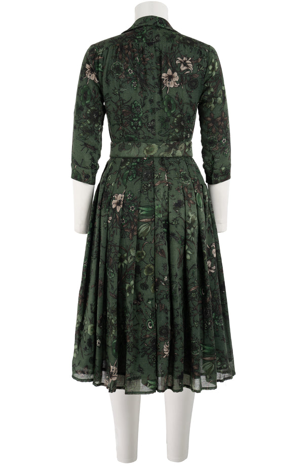 Audrey Dress #4 Shirt Collar 3/4 Sleeve Midi Plus Length Wool (Botanic New Small Dark) - Olive Green