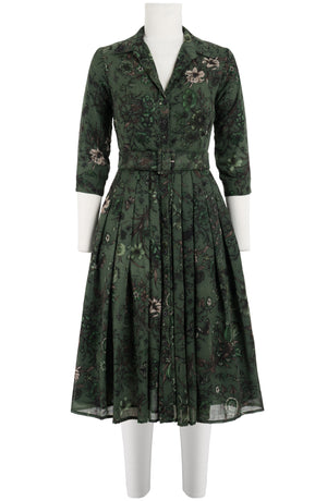 Audrey Dress #4 Shirt Collar 3/4 Sleeve Midi Plus Length Wool (Botanic New Small Dark) - Olive Green