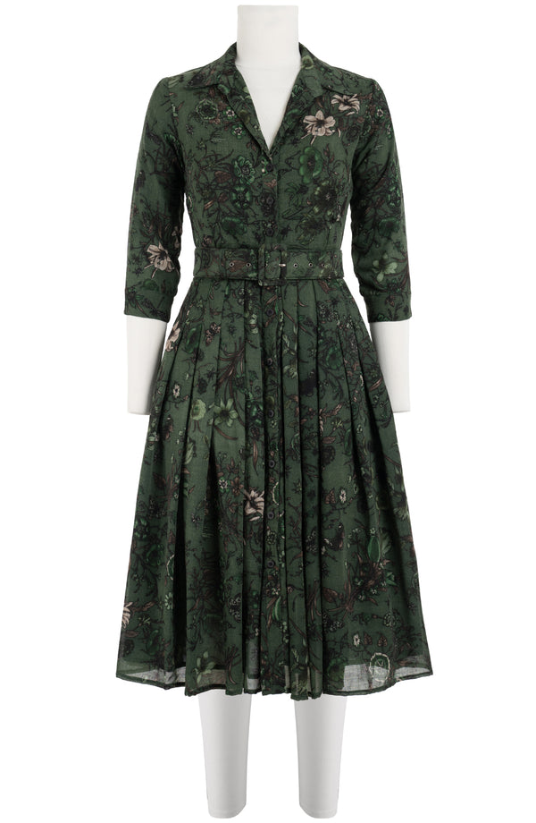 Audrey Dress #4 Shirt Collar 3/4 Sleeve Midi Plus Length Wool (Botanic New Small Dark) - Olive Green