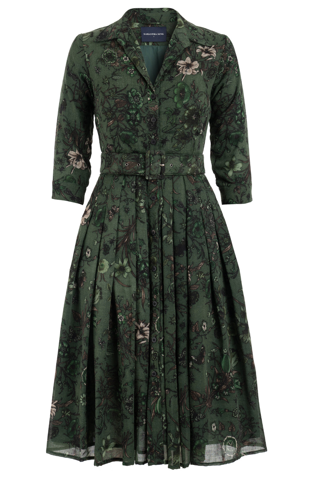 Audrey Dress #4 Shirt Collar 3/4 Sleeve Midi Plus Length Wool (Botanic New Small Dark) - Olive Green
