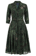 Audrey Dress #4 Shirt Collar 3/4 Sleeve Midi Plus Length Wool (Botanic New Small Dark) - Olive Green