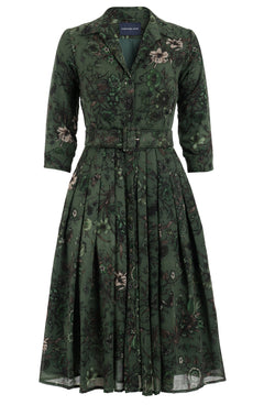 Audrey Dress #4 Shirt Collar 3/4 Sleeve Midi Plus Length Wool (Botanic New Small Dark) - Olive Green