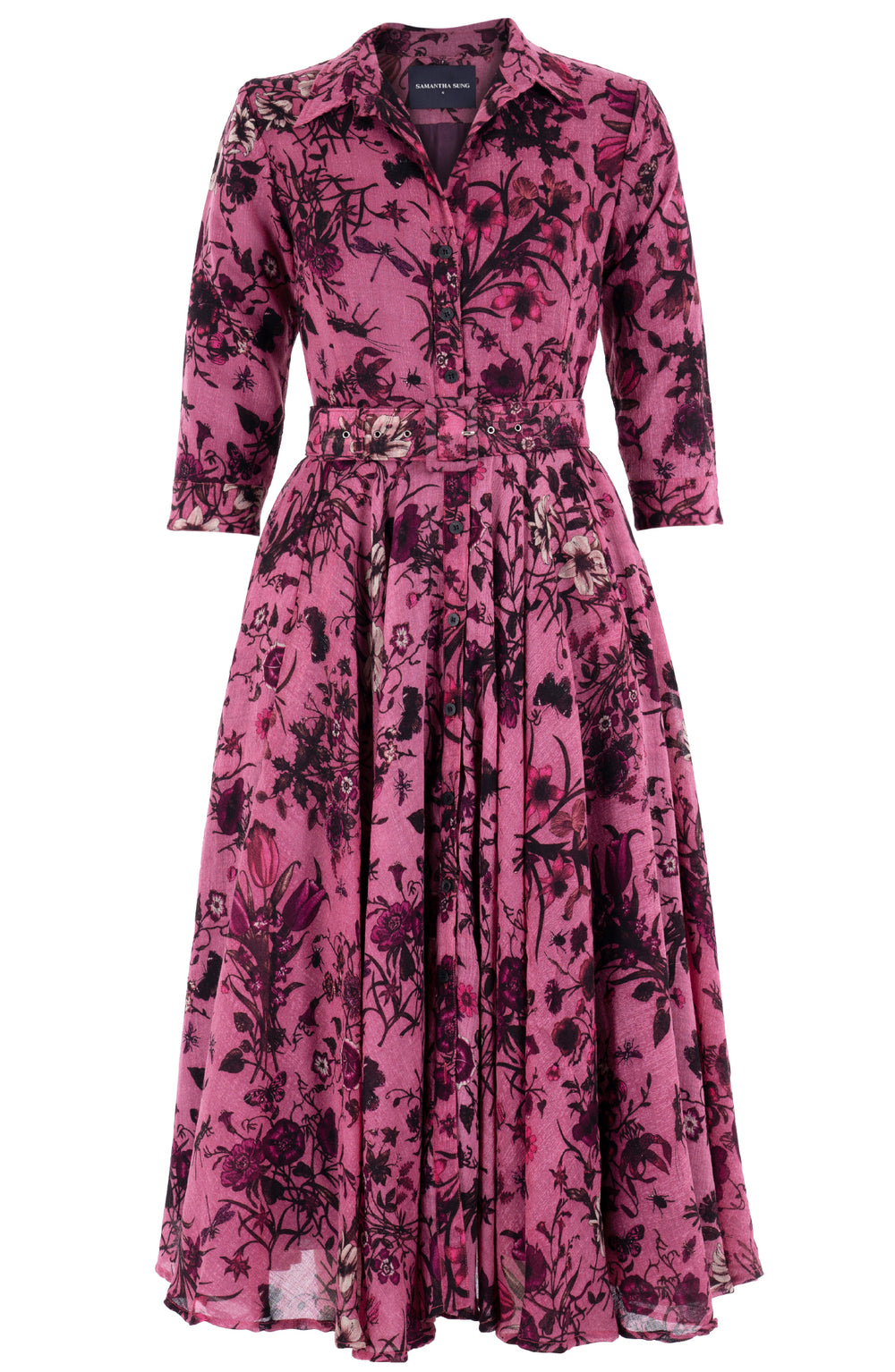 Aster Dress Shirt Collar 3/4 Sleeve Midi Length Wool (Botanic New Small Dark) - Dusty Pink
