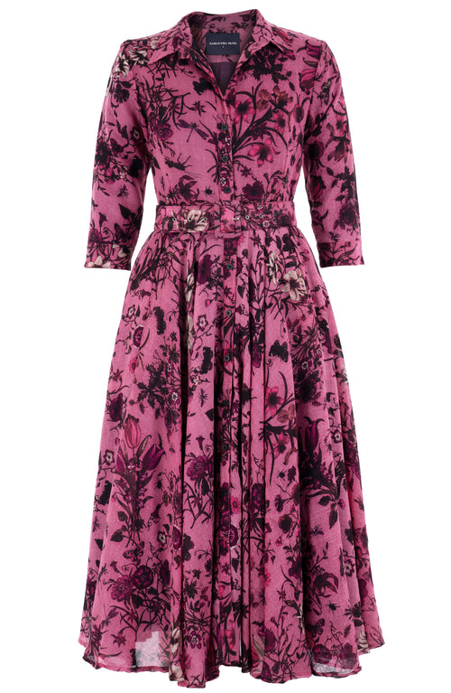 Aster Dress Shirt Collar 3/4 Sleeve Midi Length Wool (Botanic New Small Dark) - Dusty Pink