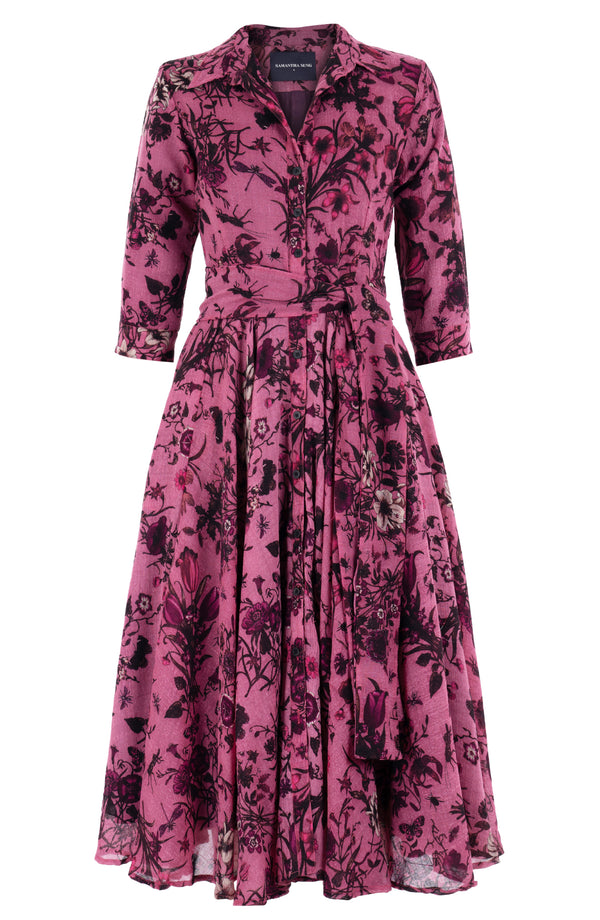 Aster Dress Shirt Collar 3/4 Sleeve Midi Length Wool (Botanic New Small Dark) - Dusty Pink