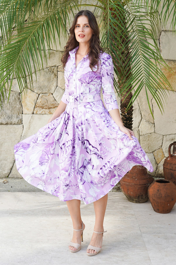Audrey Dress #2 Shirt Collar 3/4 Sleeve Midi Length Cotton Stretch (Botanic Santuary Pastel)