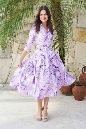 Audrey Dress #2 Shirt Collar 3/4 Sleeve Midi Length Cotton Stretch (Botanic Santuary Pastel)