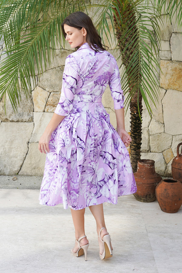 Audrey Dress #2 Shirt Collar 3/4 Sleeve Midi Length Cotton Stretch (Botanic Santuary Pastel)