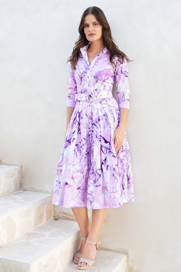 Audrey Dress #2 Shirt Collar 3/4 Sleeve Midi Length Cotton Stretch (Botanic Santuary Pastel)