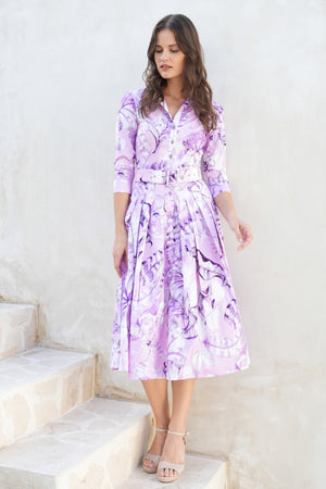 Audrey Dress #2 Shirt Collar 3/4 Sleeve Midi Length Cotton Stretch (Botanic Santuary Pastel)