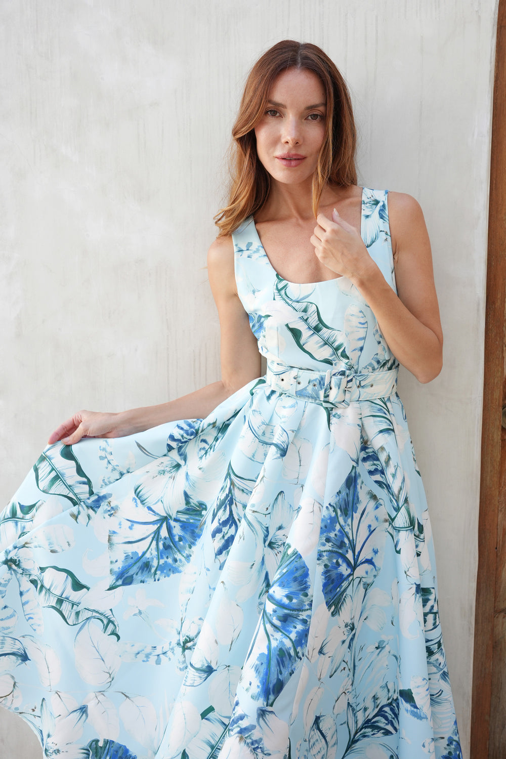 Abelia Dress U Neck Sleeveless Midi Length Silk Taffa (Botanic Santuary Pastel)